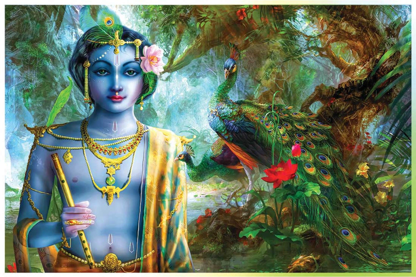 Lord Krishna With Flute And Beautiful Peacock Feather