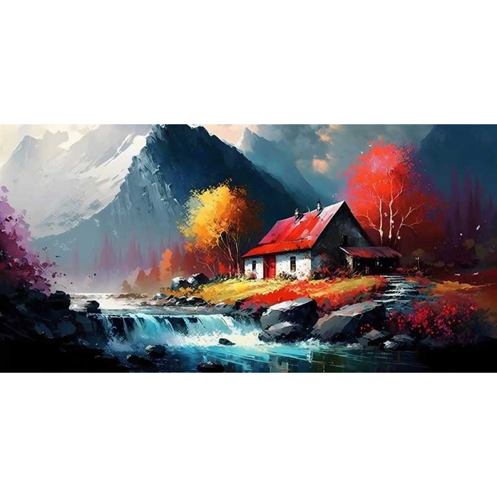 mountain landscape painting with waterfall