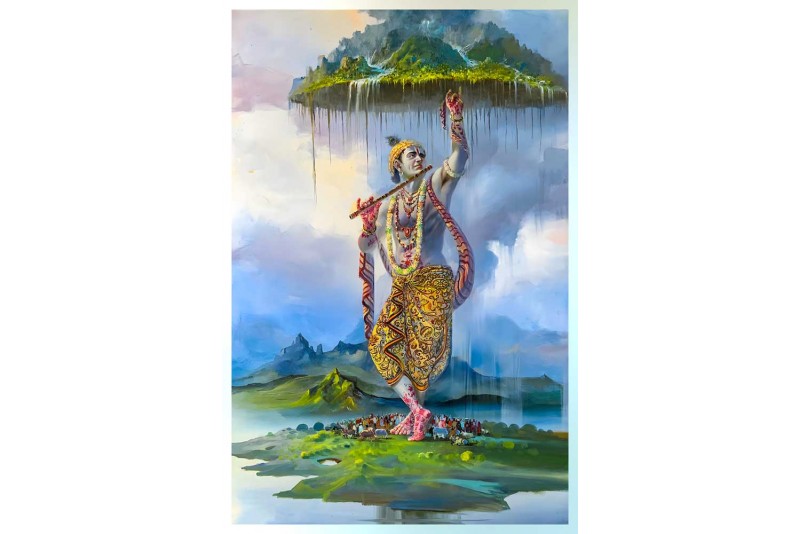 Shri Krishna lifting Govardhan Hill canvas painting