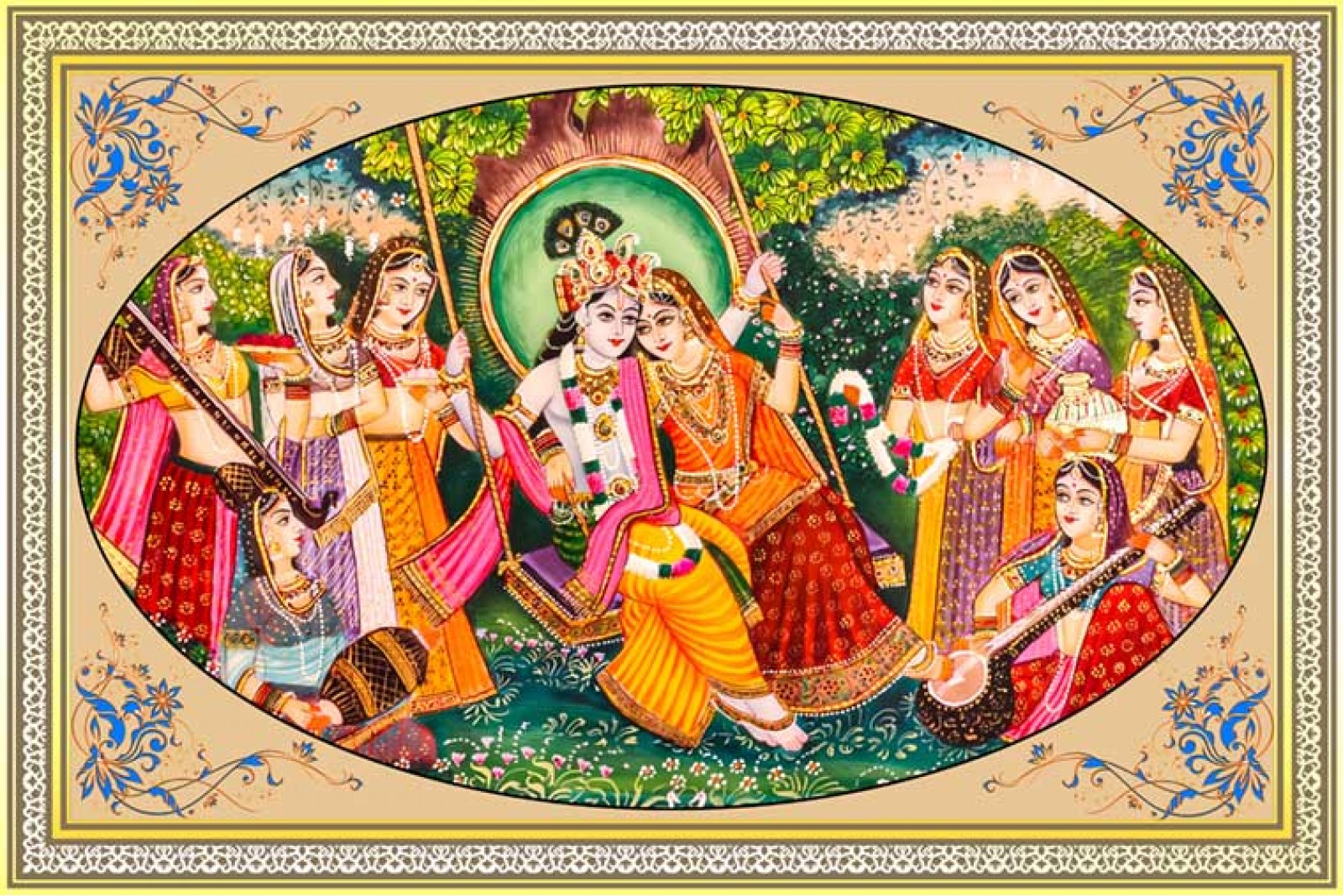 Lord Krishna Radha On Swing Surrounding Ashta Sakhi M