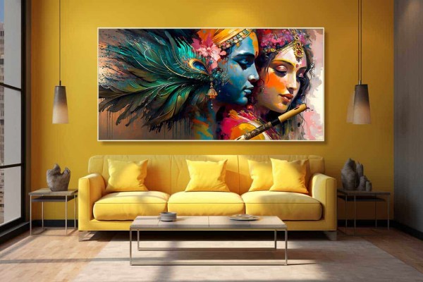 radha krishna painting with peacock feather and krishna flute