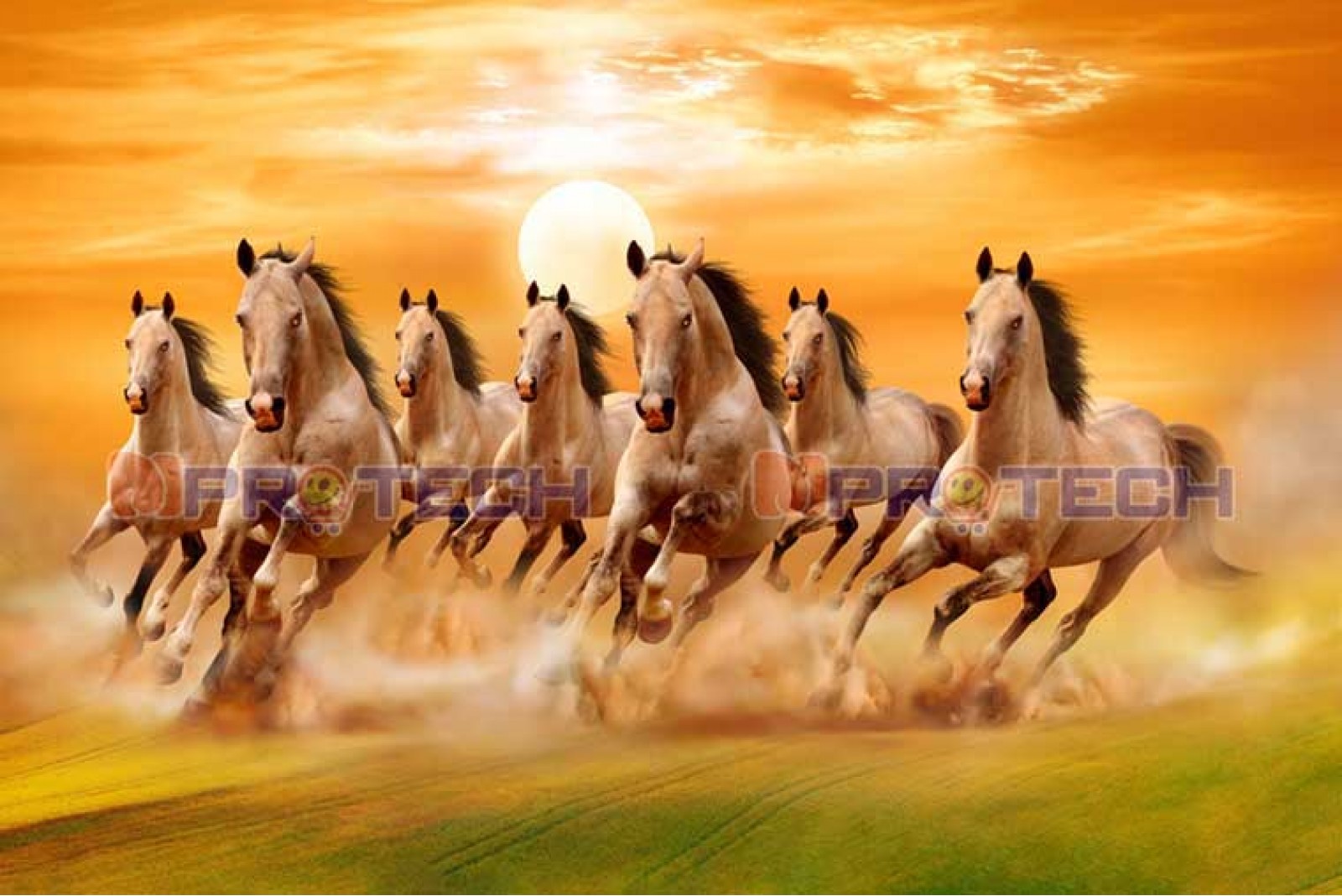 025 Best Rising Sun With 7 Galloping Seven Horses Painting L