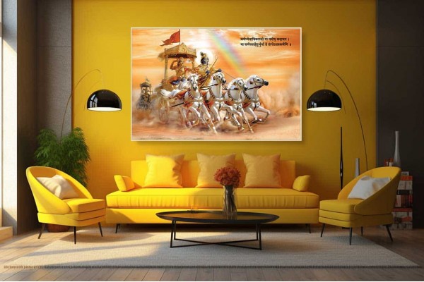 Shri Krishna arjun Painting 5 Horses Chariot On Canvas