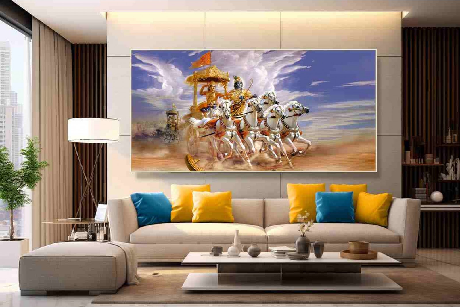 Lord krishna arjuna 5 Horses chariot painting at home